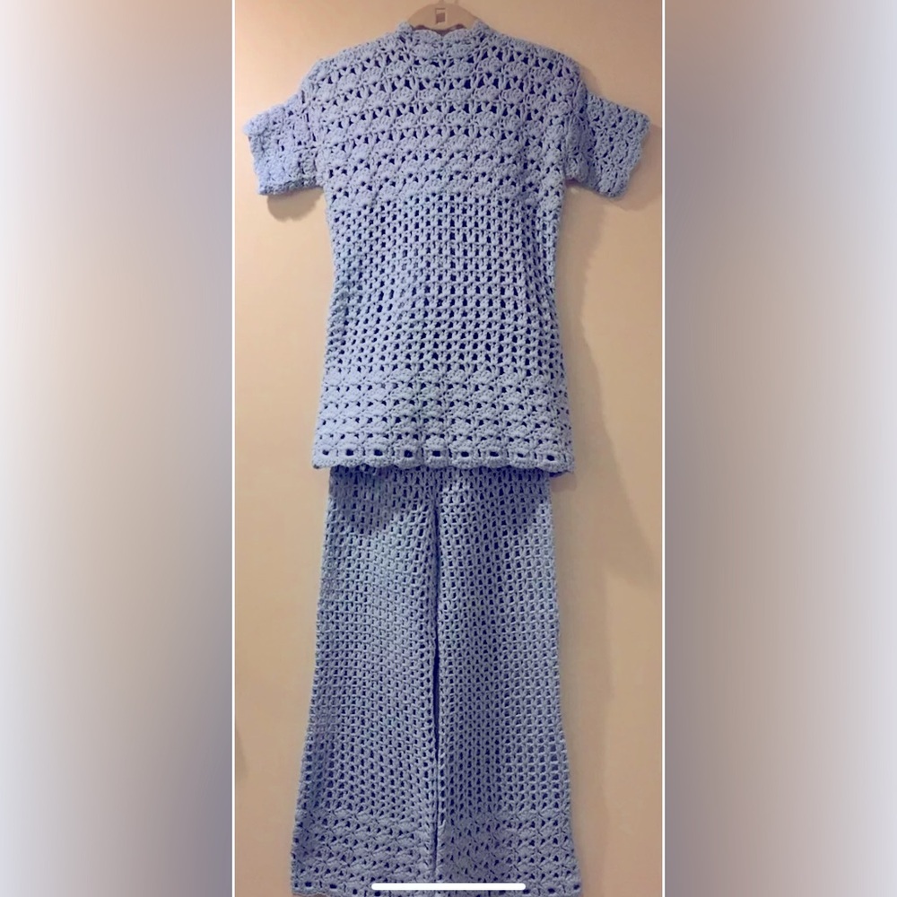 Vintage, hand crocheted, 2 piece, blue tunic top and bell bottom pants